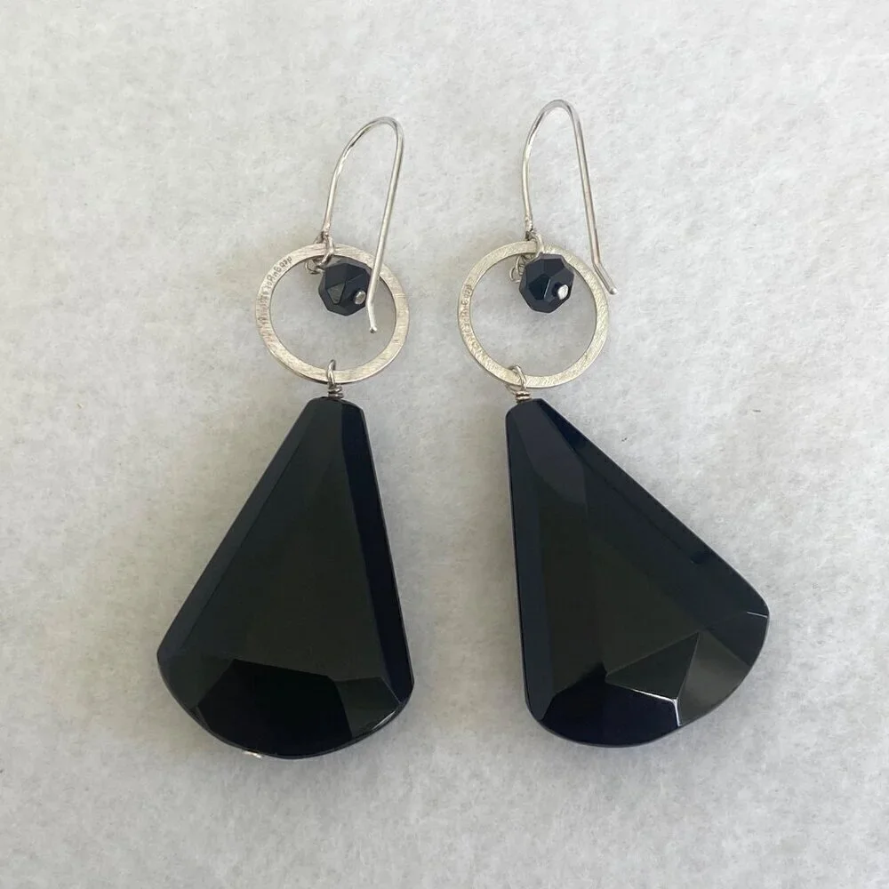 Deb Guyot Sterling Silver 925 Faceted Teardrop Black Tourmaline Dangle Earrings